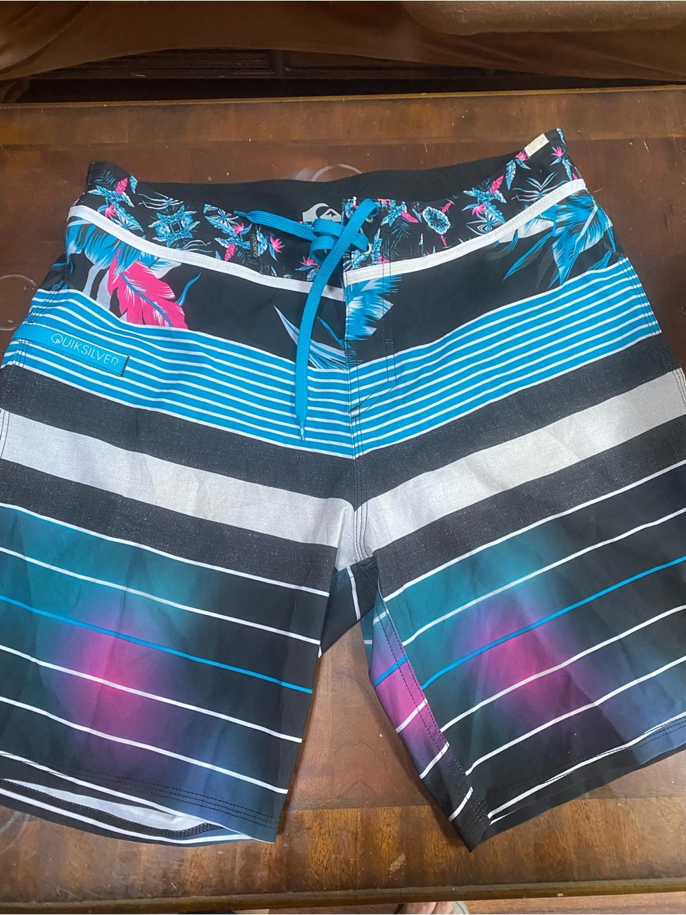 Quiksilver Black, Teal & Pink Striped Floral Waistboard Swim Trunks